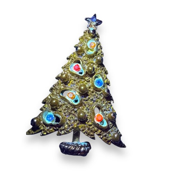 Mode Art Arthur Pepper Christmas Tree Brooch Pin Gold Tone Rhinestone Accents - Picture 11 of 11